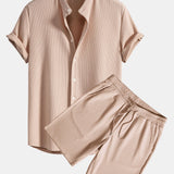 Muscle Fit Ribbed Stand Collar Shirt & Shorts Set