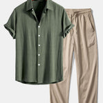 Linen Rayon Blend Shirt & Wrinkle Textured Straight Leg Pants Set