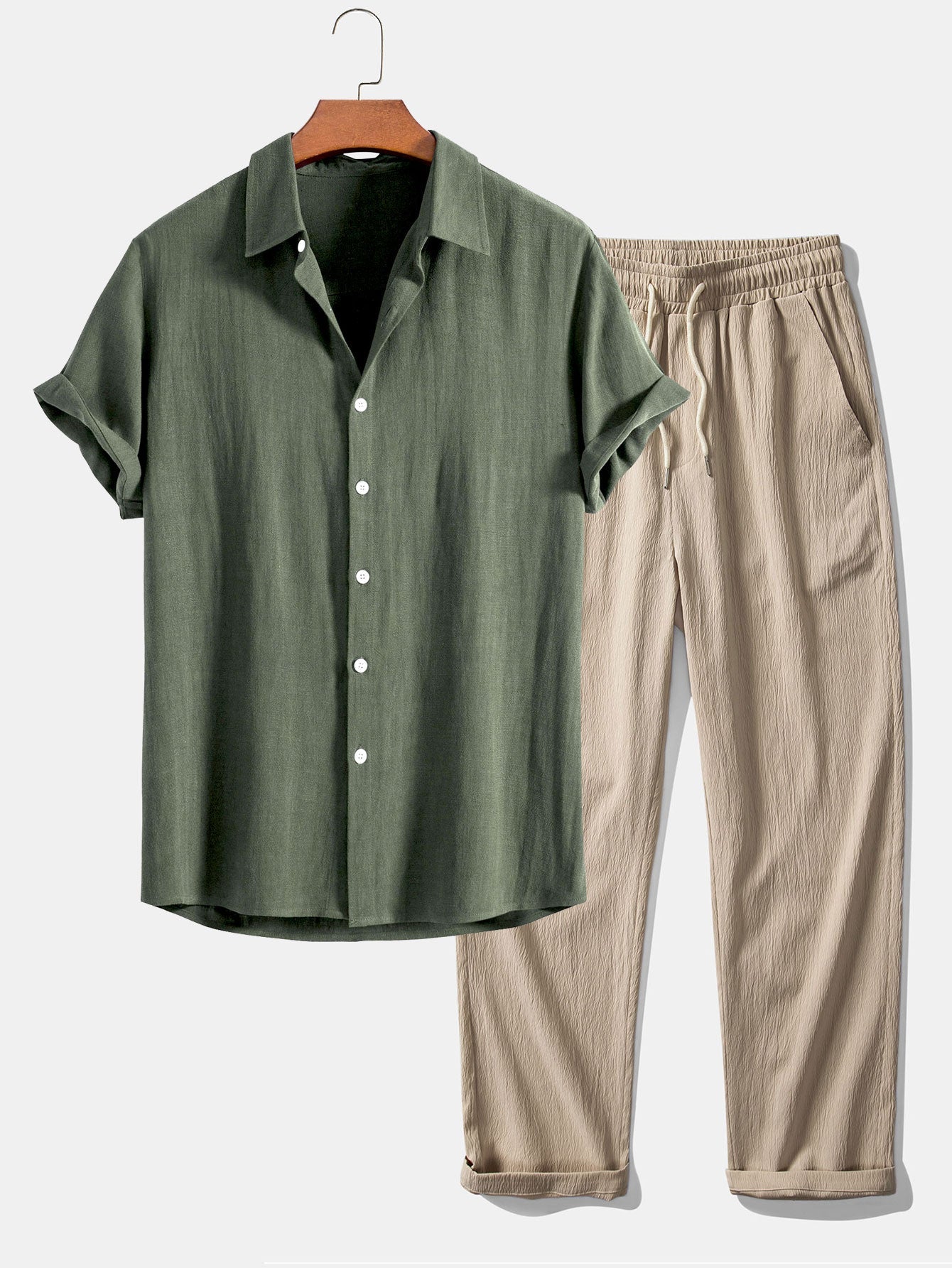 Linen Rayon Blend Shirt & Wrinkle Textured Straight Leg Pants Set
