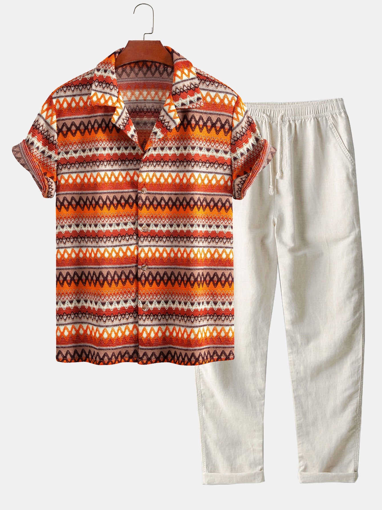 Geometric Cuban Shirt & Straight Leg Linen Pants Set