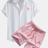 Flamingo Print Linen Cotton Shirt & Swim Shorts Set