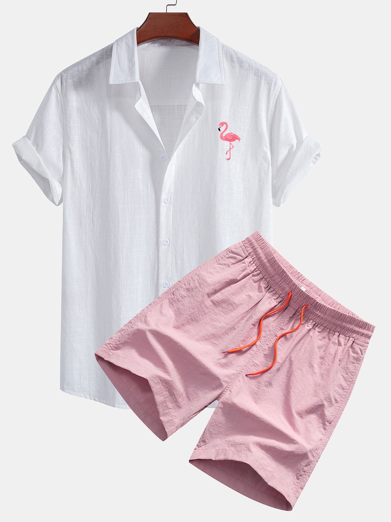 Flamingo Print Linen Cotton Shirt & Swim Shorts Set