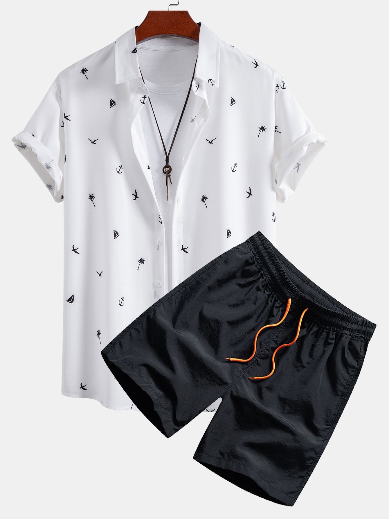 Palm Tree Anchor Sailboat Print Shirt & Swim Shorts Set