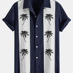 Palm Tree Print Linen Patchwork Bowling Shirt