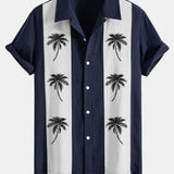Palm Tree Print Linen Patchwork Bowling Shirt