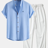 Short Sleeve Seersucker Shirt & Crinkle Textured Pants Set