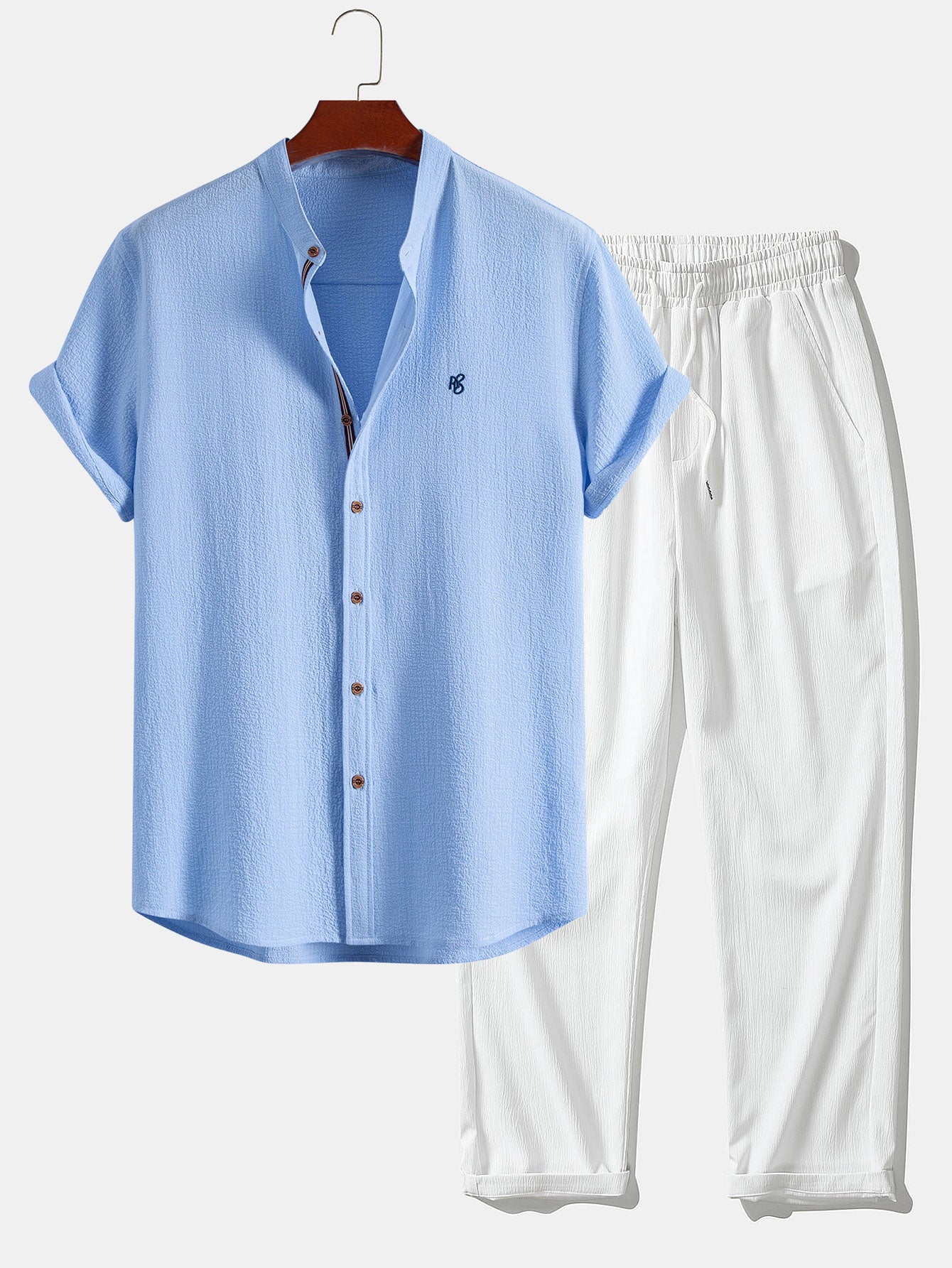 Short Sleeve Seersucker Shirt & Crinkle Textured Pants Set