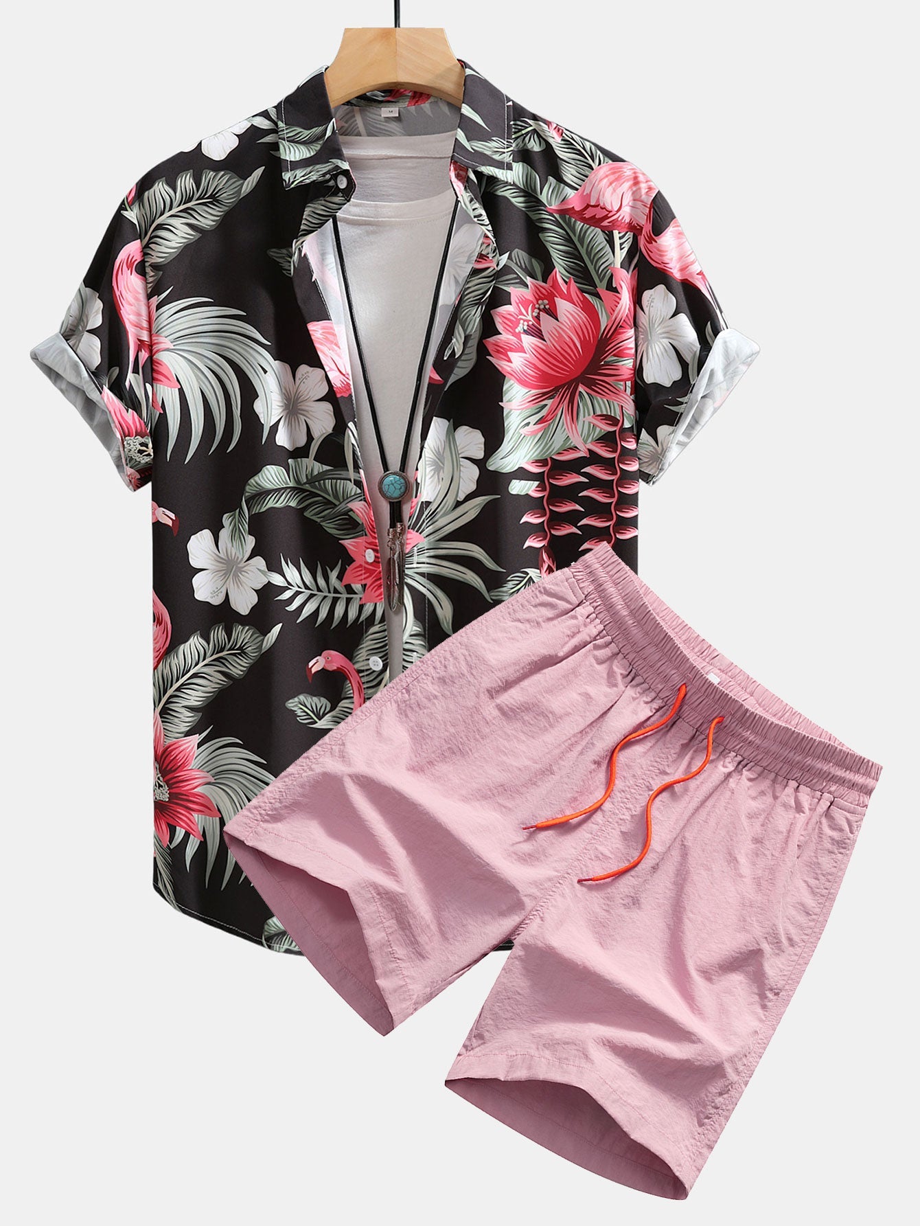 Flamingo Flower Print Shirt & Swim Shorts Set