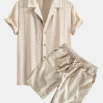 Floral Jacquard Textured Cuban Shirt & Linen Cotton Blend Drawstring Shorts Set