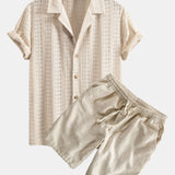 Floral Jacquard Textured Cuban Shirt & Linen Cotton Blend Drawstring Shorts Set