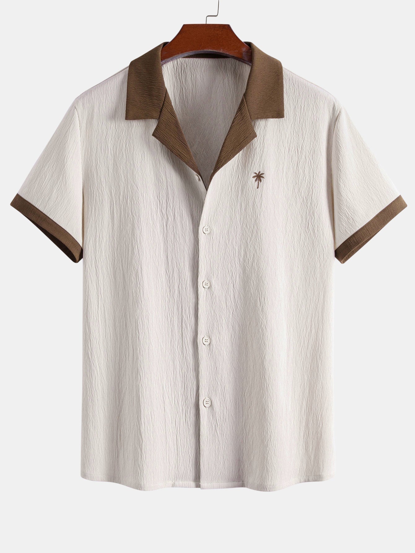 Contrast Palm Tree Embroidery Crinkle Shirt