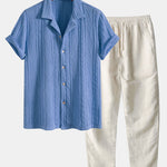 Knitted Geometric Textured Cuban Shirt & Straight Leg Linen Pants Set
