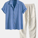 Knitted Geometric Textured Cuban Shirt & Straight Leg Linen Pants Set