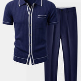 Contrast Trim Ribbed Knit Shirt & Slim Fit Tapered Trousers Set