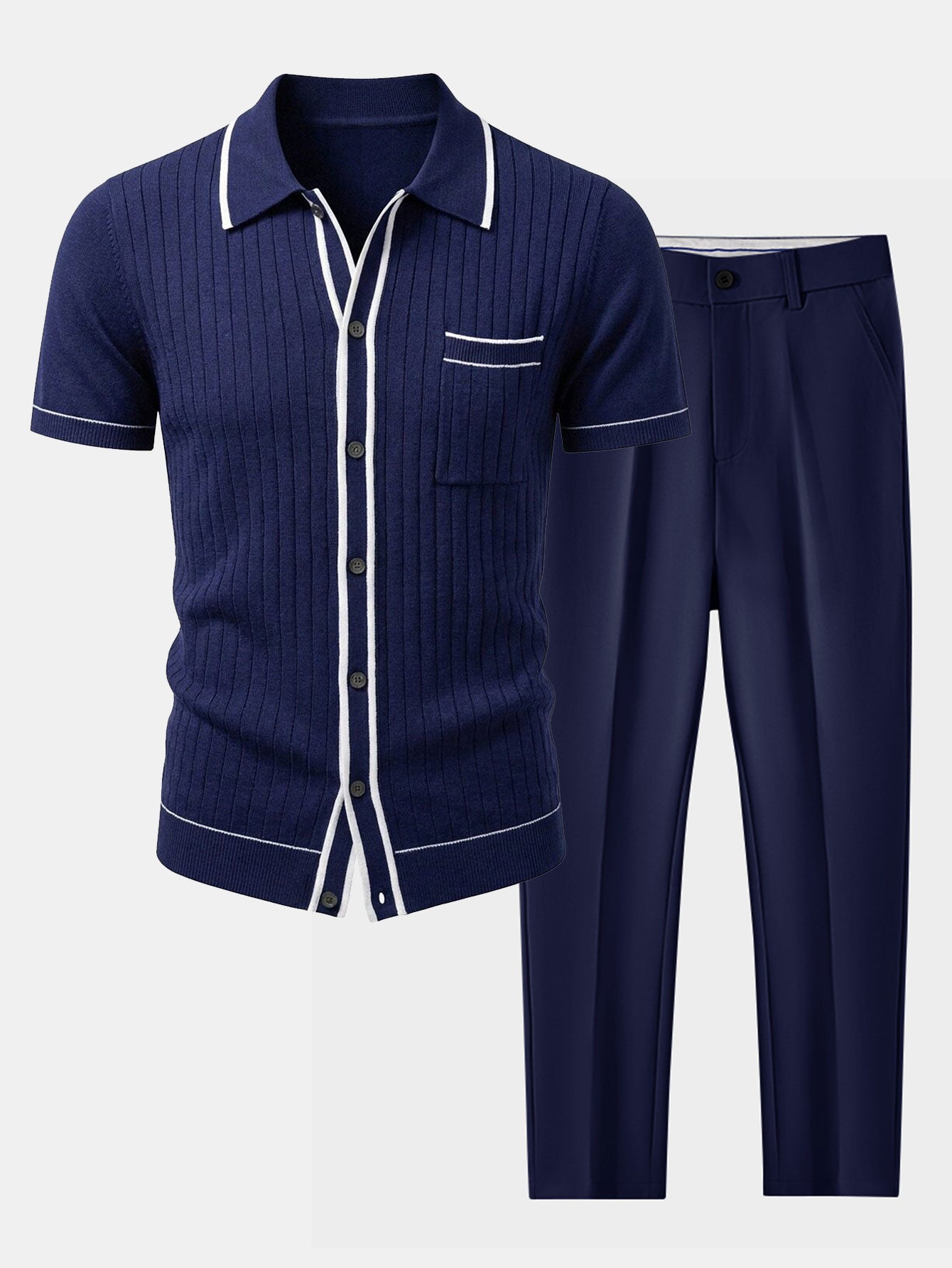 Contrast Trim Ribbed Knit Shirt & Slim Fit Tapered Trousers Set