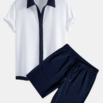 Contrast Ribbed Shirt & Drawstring Ribbed Shorts Set