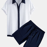 Contrast Ribbed Shirt & Drawstring Ribbed Shorts Set