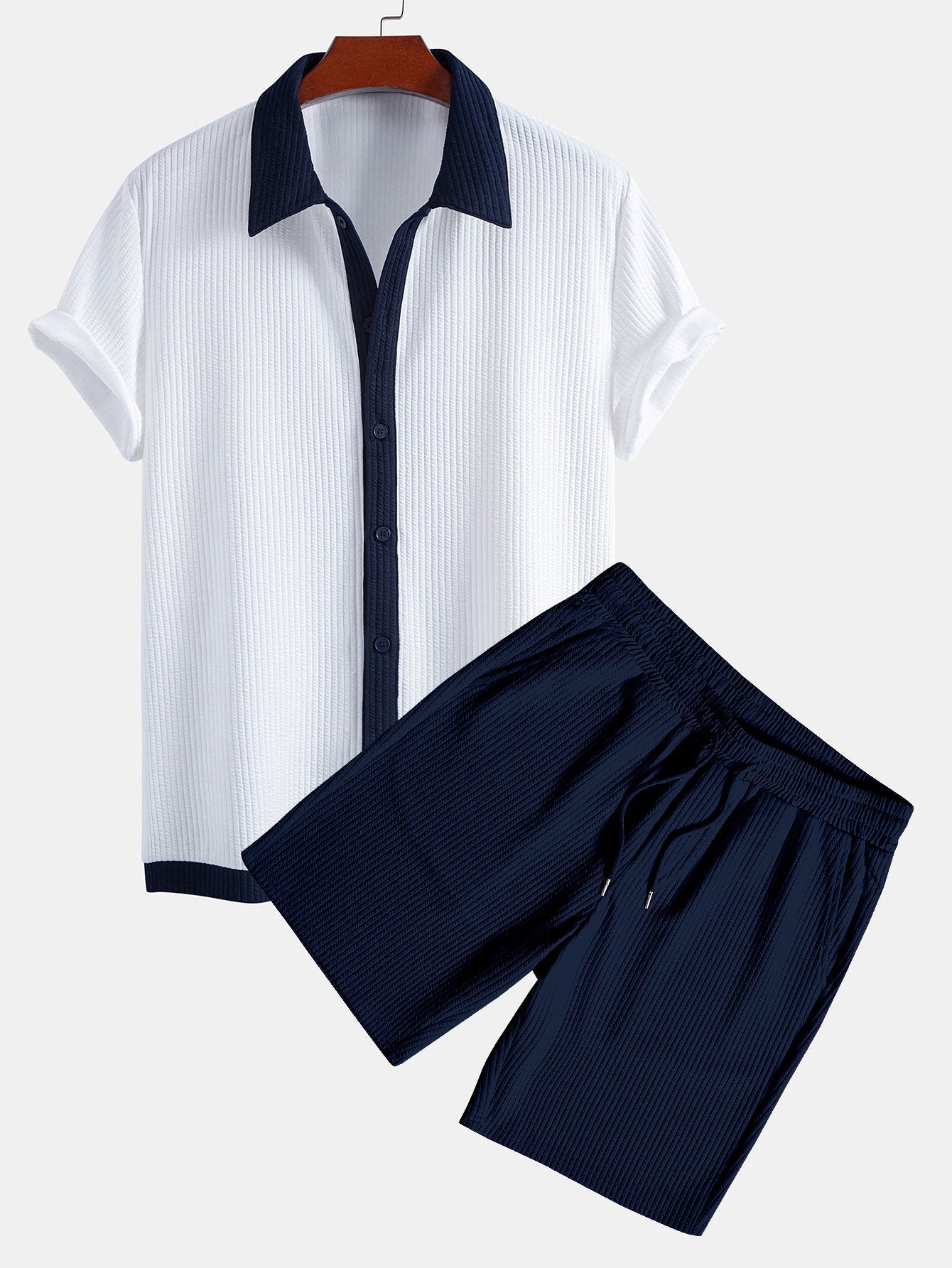 Contrast Ribbed Shirt & Drawstring Ribbed Shorts Set