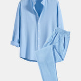 Long Sleeve Muscle Fit Ribbed Stand Collar Shirt & Ribbed Pants Set