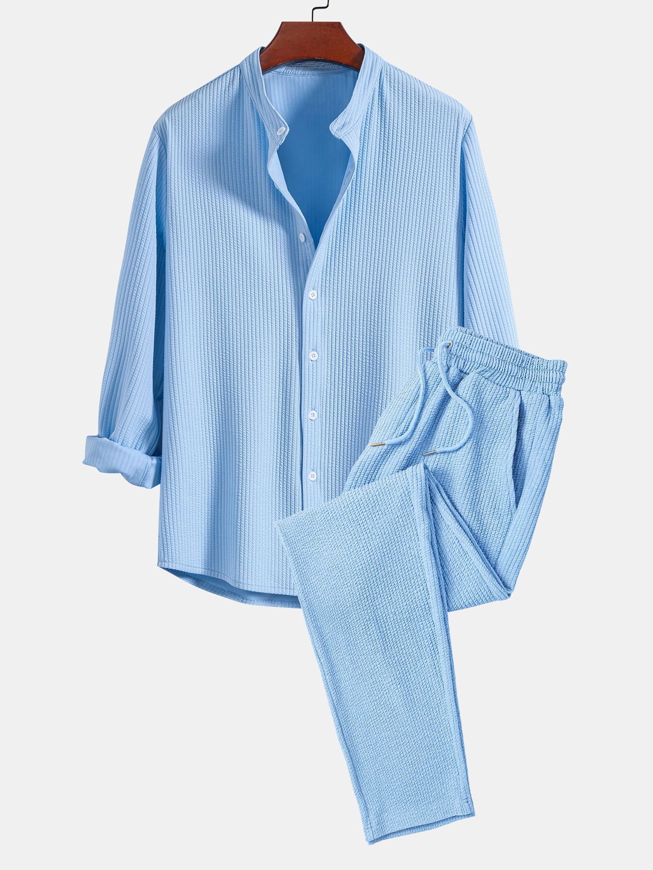Long Sleeve Muscle Fit Ribbed Stand Collar Shirt & Ribbed Pants Set