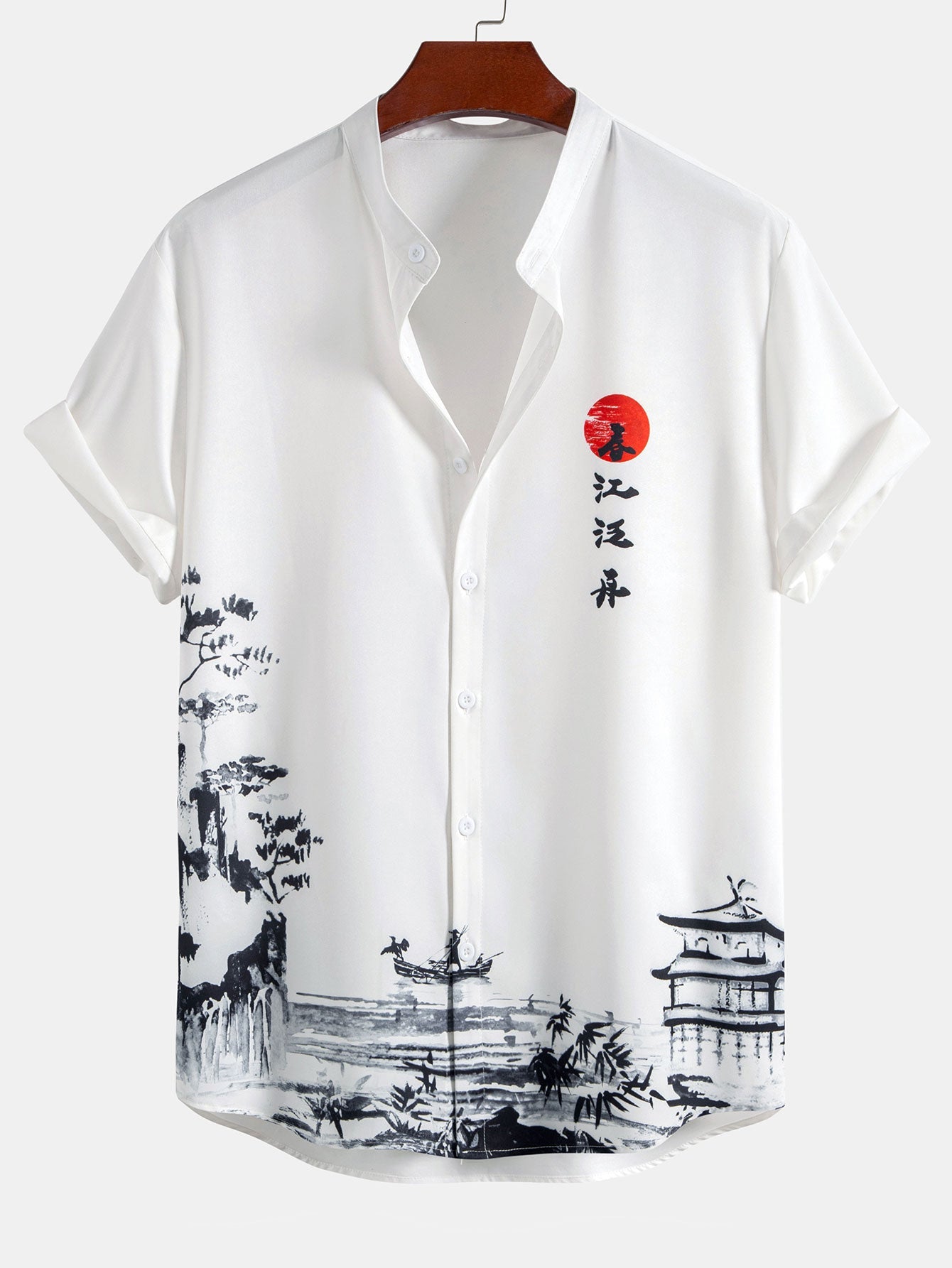 Ink Landscape Painting Shirt & Man Mid Length Drawstring Swim Shorts Set