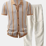 Stripe Eyelet Crochet Shirt & Straight Leg Linen Pants Set