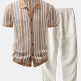 Stripe Eyelet Crochet Shirt & Straight Leg Linen Pants Set