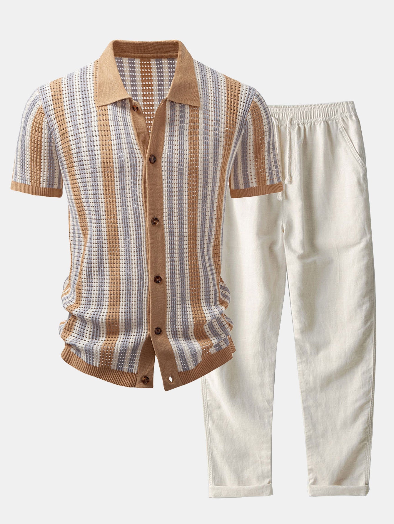 Stripe Eyelet Crochet Shirt & Straight Leg Linen Pants Set