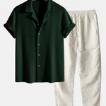 Short Sleeve Knitted Waffle Cuban Shirt & Straight Leg Linen Pants Set
