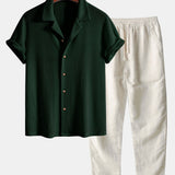 Short Sleeve Knitted Waffle Cuban Shirt & Straight Leg Linen Pants Set