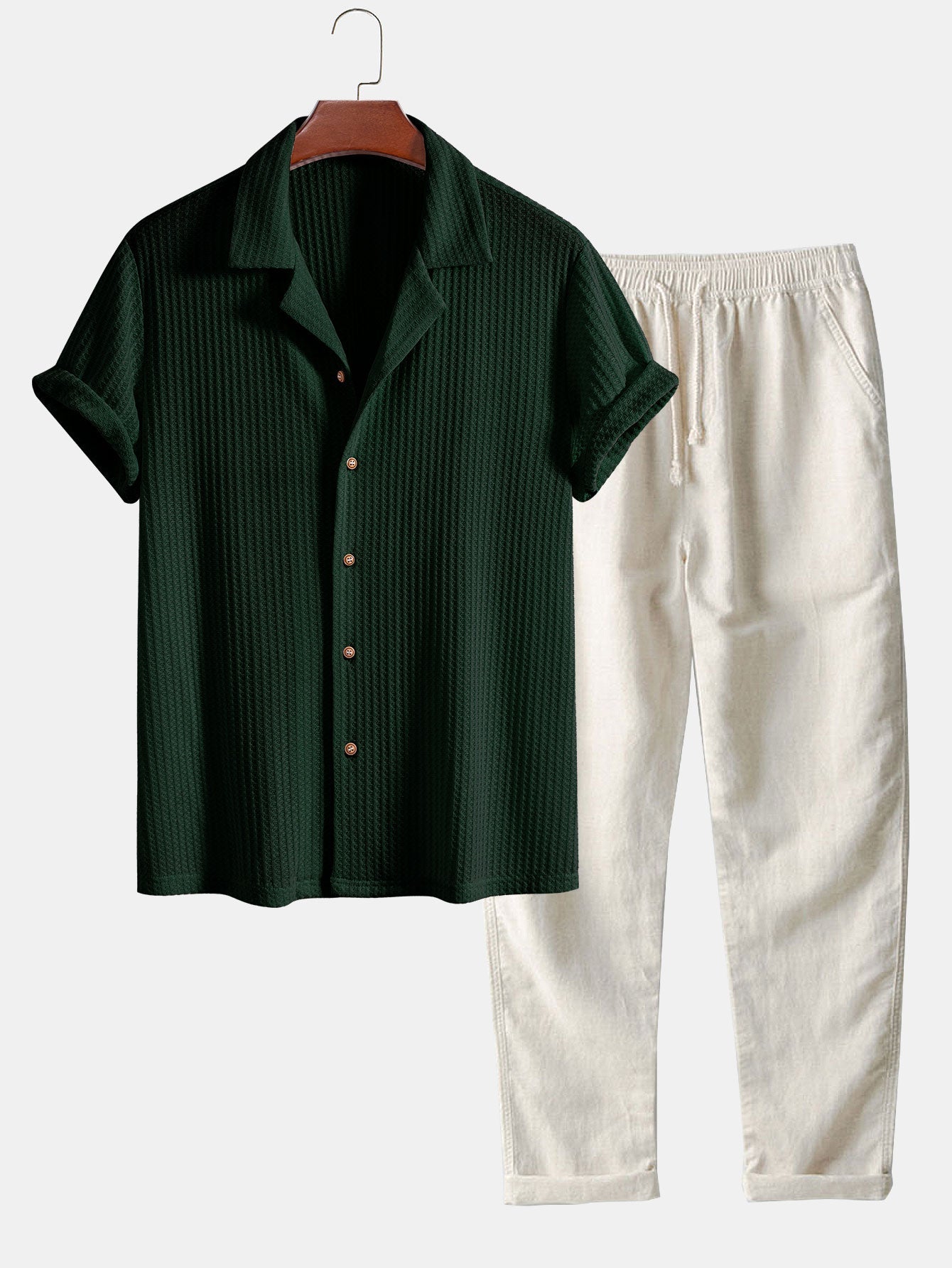Short Sleeve Knitted Waffle Cuban Shirt & Straight Leg Linen Pants Set