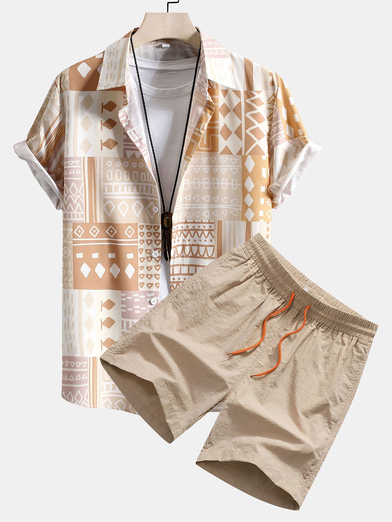 Tribal Geometric Patchwork Print Shirt & Swim Shorts Set