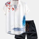 Oriental Ink Painting Shirt & Man Mid Length Drawstring Swim Shorts Set