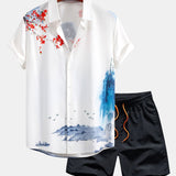 Oriental Ink Painting Shirt & Man Mid Length Drawstring Swim Shorts Set