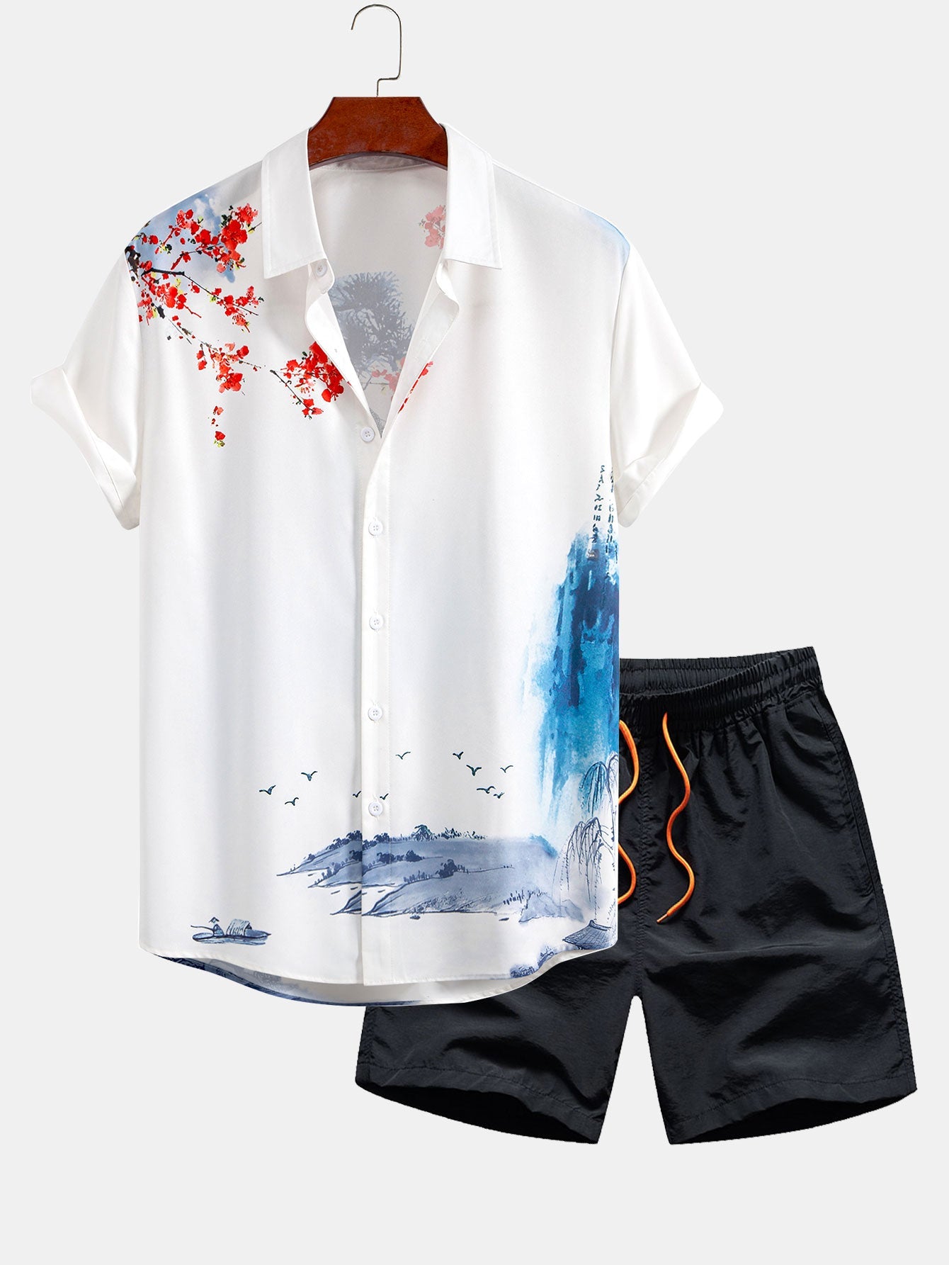 Oriental Ink Painting Shirt & Man Mid Length Drawstring Swim Shorts Set
