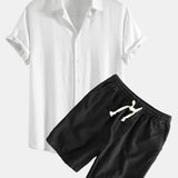 Linen Rayon Blend Shirt & Linen Cotton Blend Drawstring Shorts Set