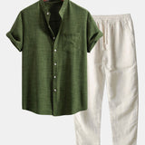 Short Sleeve Stand Collar Shirt & Straight Leg Linen Pants Set