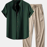 Short Sleeve Linen Stand Collar Shirt & Crinkle Textured Pants Set