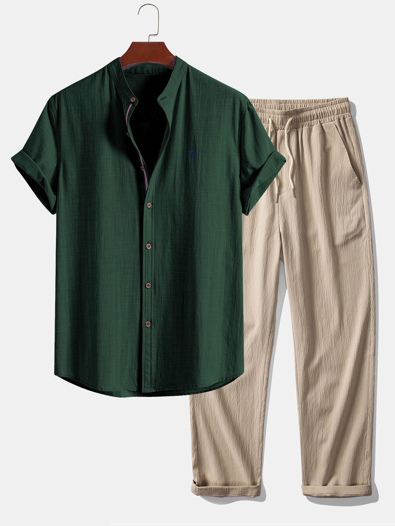 Short Sleeve Linen Stand Collar Shirt & Crinkle Textured Pants Set