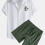 Hawaii Palm Tree Print Linen Cotton Shirt & Swim Shorts Set