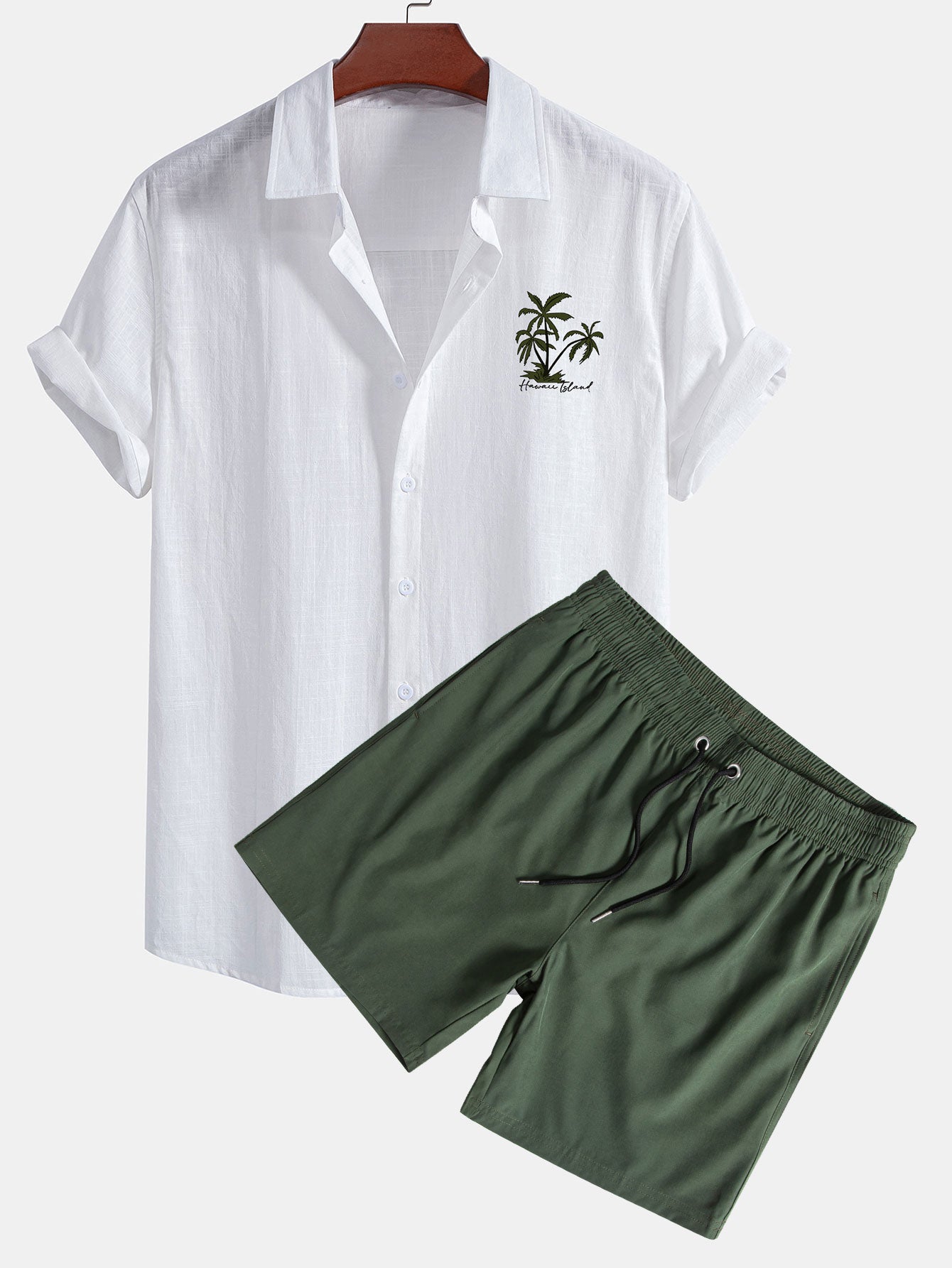 Hawaii Palm Tree Print Linen Cotton Shirt & Swim Shorts Set