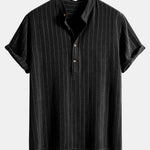 Linen Blend Striped Half Open Placket Henley Collar Shirt