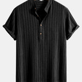 Linen Blend Striped Half Open Placket Henley Collar Shirt
