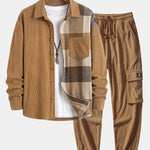 Corduroy Plaid Patchwork Shirt & Drawstring Corduroy Cargo Jogger Pants Set