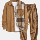 Corduroy Plaid Patchwork Shirt & Drawstring Corduroy Cargo Jogger Pants Set