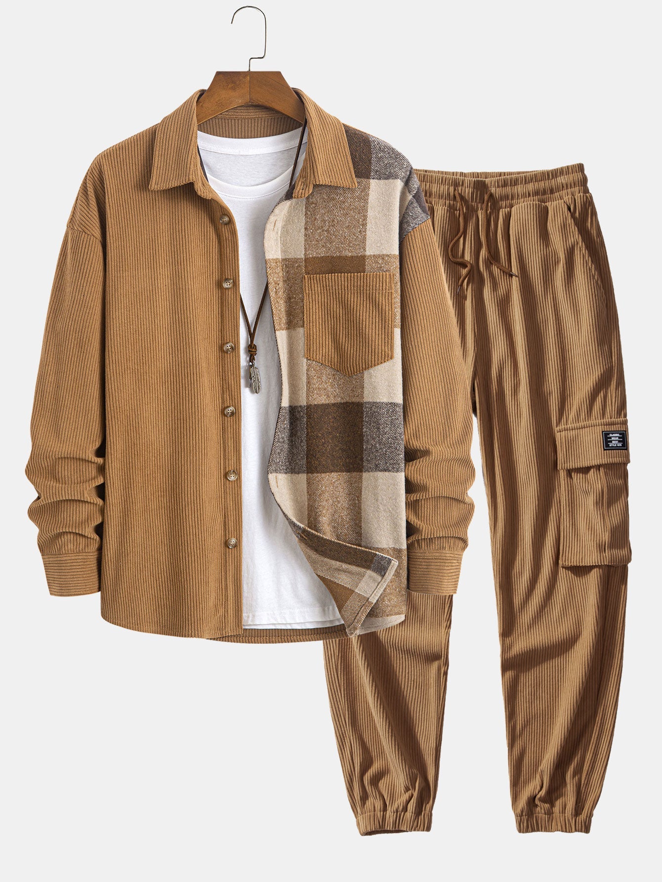 Corduroy Plaid Patchwork Shirt & Drawstring Corduroy Cargo Jogger Pants Set