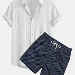 Crinkled Textured Shirt & Striped Print Swim Shorts Set