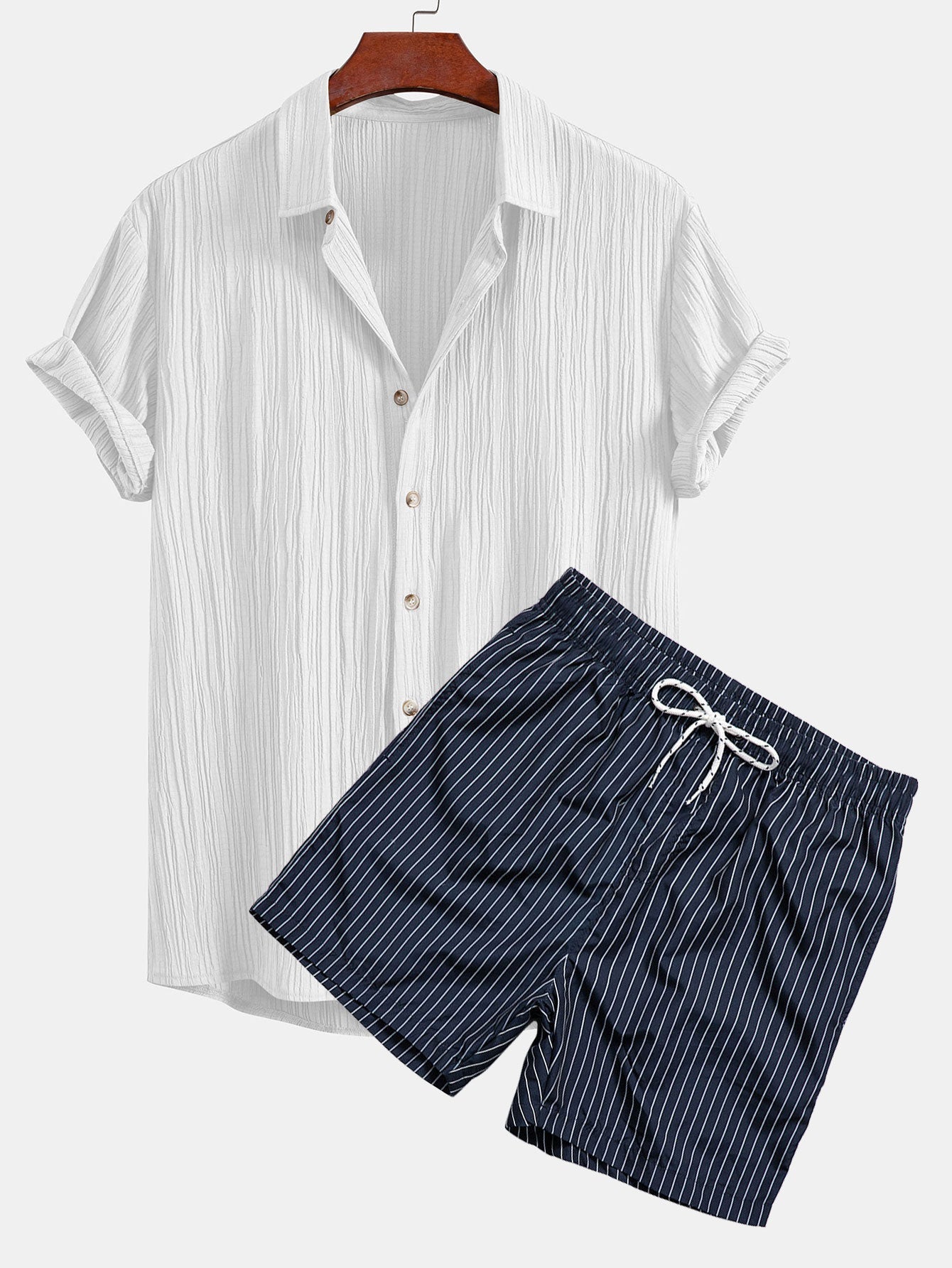 Crinkled Textured Shirt & Striped Print Swim Shorts Set
