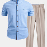 Short Sleeve Linen Stand Collar Shirt & Slim Fit Tapered Trousers Set