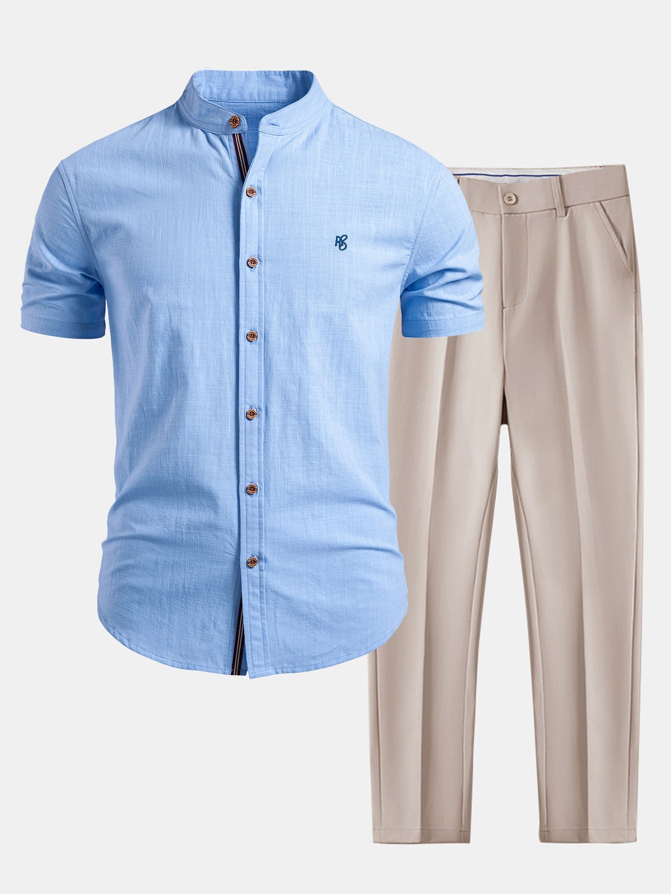 Short Sleeve Linen Stand Collar Shirt & Slim Fit Tapered Trousers Set